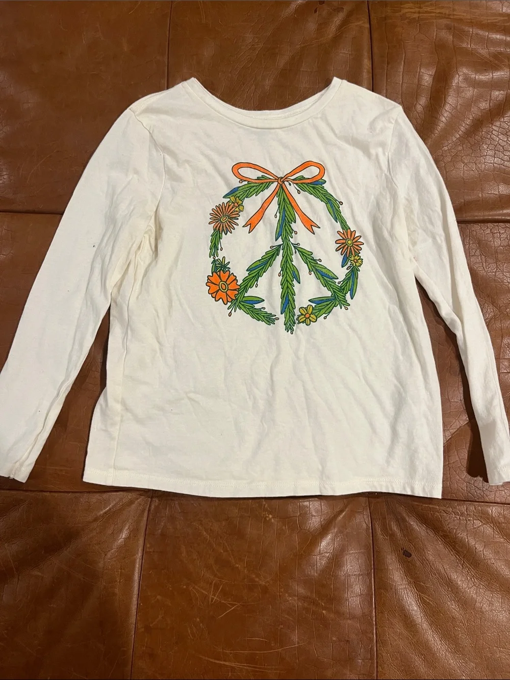 Old Navy Cream Long-Sleeve Tee with Green and Orange Floral Peace Graphic